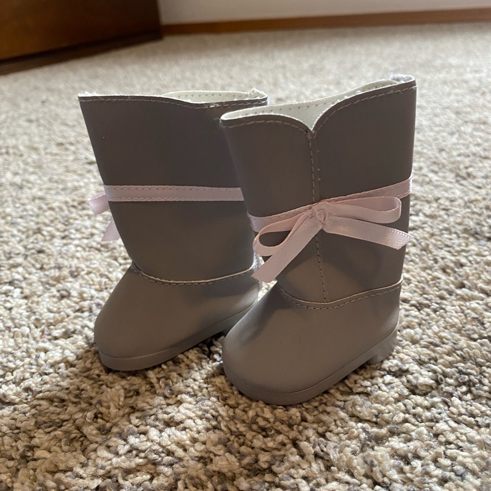 Stylish Gray American Girl Doll Boots with Pink Ribbon